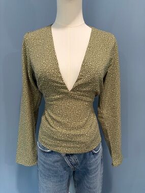 Abercrombie & Fitch Olive Green Polka Dot Deep V Blouse Size M